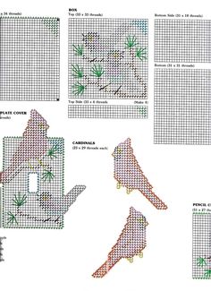 cross stitch pattern with birds and trees on it, including the numbers 1 - 5