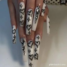 Long Acrylic Nails Grunge, Cute White And Black Nails, G59 Nails Acrylic, Chicana Nails Designs, Chicano Nails Designs, Super Long Acrylic Nails, Lowrider Nails, Chola Nails Designs, Skater Nails