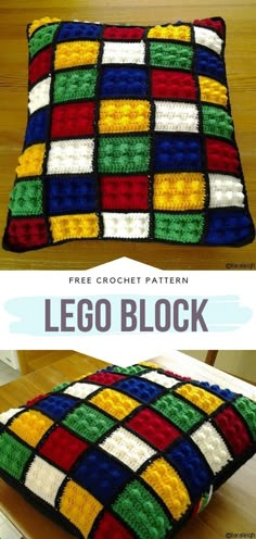 a crocheted pillow made with lego blocks is shown in two different colors and the text, free crochet pattern