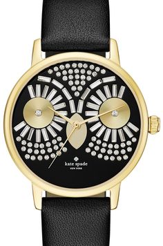 The crystal encrusted owl lends a whimsical touch to an otherwise classic Kate Spade watch. Face Style, Gold Plated Watch, Crystal Watches, Fancy Jewelry, Kate Spade Jewelry, Black Watch, Watches Jewelry