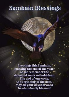 a blue bird flying in front of a full moon with the words samhan blessing