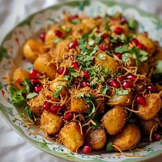 a bowl filled with potatoes and garnish on top of a table