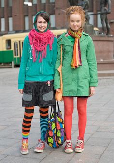 Sara, 15, Helmi, 14    Sara and Helmi are dressed up for Colour Day at their school. Helmi was voted the most colourful dresser of the school.    Helmi: “In winter I wear black, in summer I'm more colourful. Next I would like to buy a big, colourful skirt.”    Sara: “My style is pick and mix. I think punk rockers are stylish. I would like to be a gala dress designer.”  13 April 2006 Winter Colourful Outfits, Colourful Alternative Fashion, Helsinki Fashion, Colorful Alt Fashion, Harajuku Fashion Colorful, Hel Looks Street Style, Japanese Street Fashion Long Skirt, Cult Party Kei Fashion