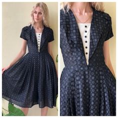 Super sweet printed black cotton dress with full skirt. Bust: 34"Waist: 25"Hips: freeLength: 44"Circa: 1950'sCondition: Good vintage condition. A bit of wear to the underarms where the print has somehow worn off a bit, nothing major. Several mends. The hem has come out of it's last fold but is still finished and looks fine. A hint of yellowing to the tuxedo part. Priced accordingly. For fun stuff--->>>@closetcasevintageinstagram.com/closetcasevintagePlease read our store policies. Classic Black Short Sleeve Vintage Dress, Retro Black Fit And Flare Dress, Black Short Sleeve Dress For Vintage Fashion, Black Vintage Fit And Flare Dress, Black Retro Dress For Daywear, Black Retro Daywear Dress, Fitted Black Vintage 1950s Style Dress, 1950s Style Fitted Black Vintage Dress, Black Fitted Vintage Dress In 1950s Style