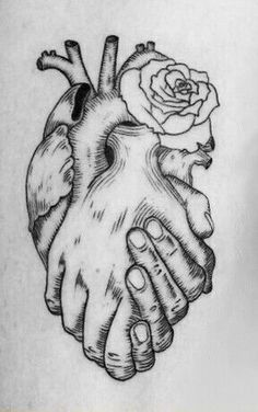 two hands holding a heart with a rose on it and the other hand reaching out to each other