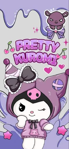 a cartoon character is standing in front of a purple background with the words pretty kuromi