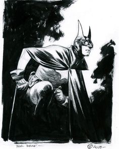 a black and white drawing of a man dressed as the dark knight in batman comics