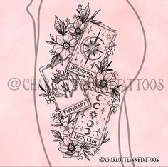 the back of a woman's stomach with tattoos on it and flowers around her waist