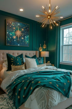 a bedroom with teal walls and white bedding, green comforter, gold accents