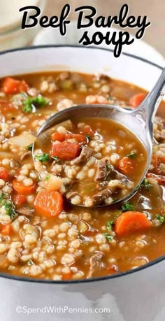 a bowl of beef barley soup with a spoon in it