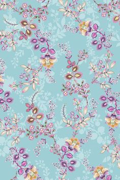 a blue floral wallpaper with pink and yellow flowers in the center, on a light blue background