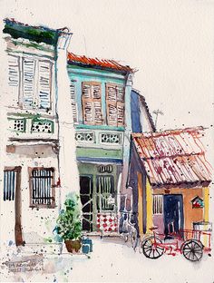 a watercolor painting of an old street scene