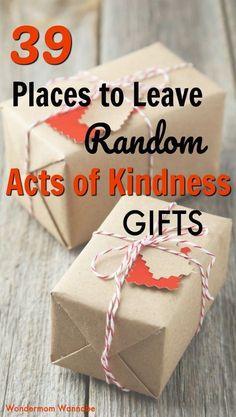 two brown boxes with red hearts tied to them and the words 39 places to leave random acts