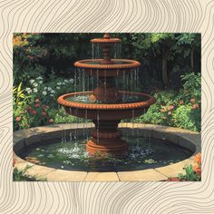 a painting of a water fountain in a garden with flowers and greenery around it