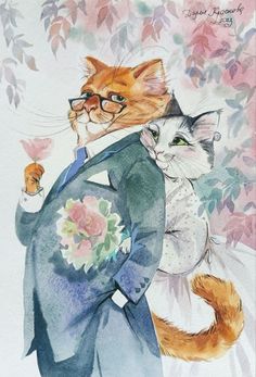 a watercolor painting of two cats dressed up in formal clothes and one cat wearing a suit