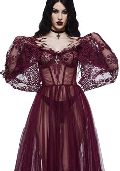 Widow Gothic Lace Bustier Long Sleeve Maxi Gown - Dark Red Alt Glam, Wine Dance, Formal Inspiration, Diy Armor, Prom Vibes, Vampire Ball, Grammy Outfits, Goth Pants, Gothic Lace