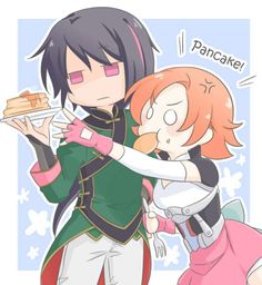 two anime characters hugging each other while one is holding a piece of pizza in his hand