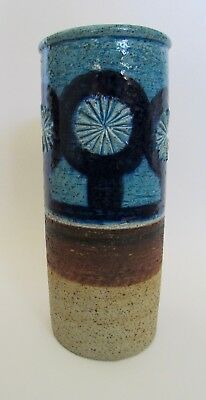 a blue and brown cup sitting on top of a table