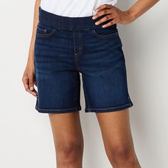 Complete with 5-pocketing tailoring, these Amber women's denim pull-on shorts from Liz Claiborne are cut to a mid-rise from stretch-cotton with a comfortable elastic waistband. Wear them with a sleeveless blouse and sneakers.Front Style: Flat FrontFeatures: EssentialsClosure Type: Full ElasticFit: Regular FitPockets: 2 Back Slip Pockets, 2 Front Slip PocketsRise: Mid RiseShort Length: Mid LengthFiber Content: 78% Cotton, 11% Polyester, 6% Rayon, 3% Elasterell-P, 2% Lycra SpandexFabric Descriptio Liz Claiborne, Sleeveless Blouse, Mid Rise, Stretch Cotton, Jean Shorts, Denim Women, Blue, How To Wear, Clothes