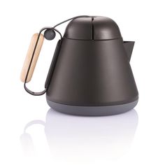 a black tea kettle with a wooden handle on it's side and a white background