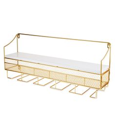 a golden metal shelf with two drawers on each side and a white top in the middle