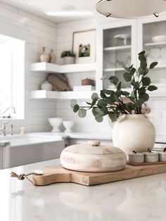 a white vase with some green plants in it sitting on a counter top next to a cutting board