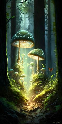 an image of a forest with mushrooms in the middle and light coming from behind it