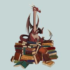 Dragon reading with books in a big hoard Dragon Hoarding Books, Dragons Hoard, Characters Reading, Dragon Pics, Dragon Hoard, Dragon Skeleton