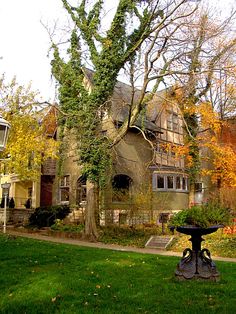 an old house with trees in the front yard and a birdbath on the lawn