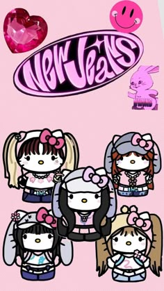 an image of hello kitty stickers on the back of a pink background with other cartoon characters