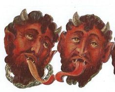 two men with horns and beards are depicted in this drawing, one is pulling the other's tongue out