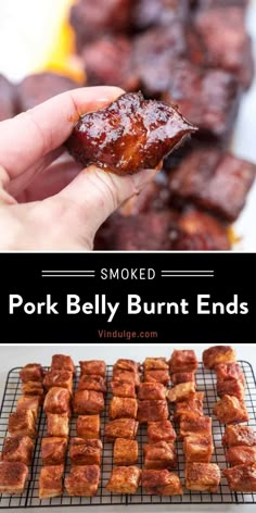 pork belly burnt ends on a baking rack with the words smoked pork belly burnt ends