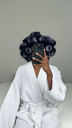 Hair rollers, robe, girl vibes #girlhood #aesthetic Selfie Challenge, Business Branding Inspiration, Girls Robes, Pin Hair, Black Femininity, Hair Brands, Grown Women, Photoshoot Themes, Business Hairstyles