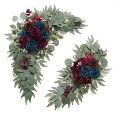 two bridal bouquets with red, blue and green flowers on white background for decoration