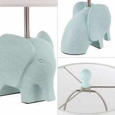 an elephant table lamp with a white shade on it's head and the base