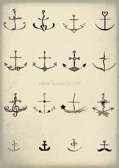 an old - fashioned anchor tattoo design is shown in black and white, with different designs