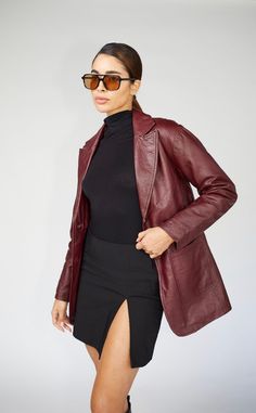 Express yourself in this stunning burgundy 90's inspired leather blazer. A staple blazer that can be worn dressed up or dressed down for all occasions year after year. Genuine sheepskin leather. Model is 5'8/119lbs wearing size small. Womens Leather Blazer, 90s Red Leather Jacket, Burgundy Leather Jacket Outfit Women, Red Leather Coat Outfit, Red Velvet Blazer Outfit, Burgundy Leather Coat, Blazer Fall Outfits, Leather Blazers