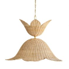 a wicker lamp hanging from a chain