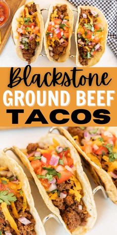 black stone ground beef tacos on a white plate with text overlay that reads blackstone ground beef tacos