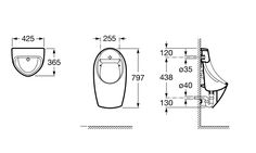 the drawing shows an image of a toilet with its lid open and seat up, as well as measurements