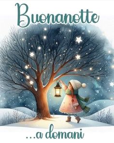 a christmas card with a girl holding a lantern in front of a tree and snow covered ground