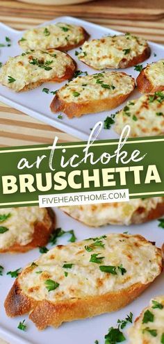 artichoke bruschetta on a plate with text overlay