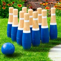 blue and white bowling pins lined up in the grass