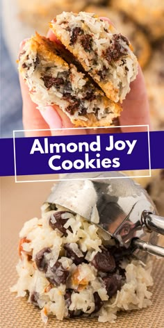 a person holding up a cookie with the words almond joy cookies in front of them