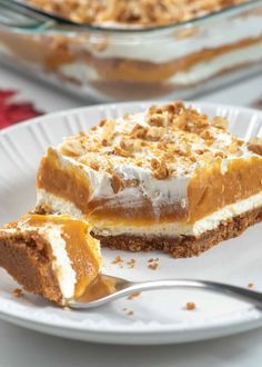 a piece of pie on a white plate with a fork in front of the pie