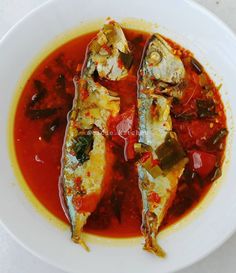 two fish in tomato sauce on a white plate