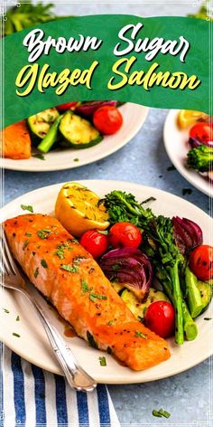 a plate with salmon and vegetables on it