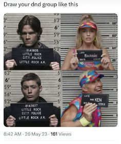 four mug shots of people holding up signs that read draw your dnd group like this