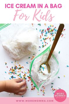 ice cream in a bag for kids with sprinkles on it and a spoon