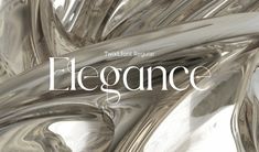 the word elegance is written in white and black letters on a silver background with swirls